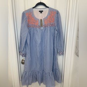 JCrew Cotton Dress in White and Blue Stripes with Embroidery | Size Medium NWT